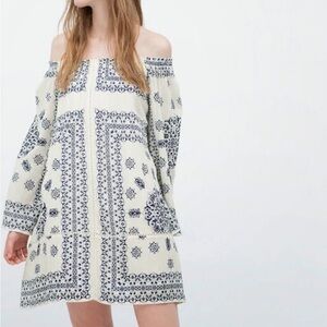 Zara Bohemian Off the Shoulder Mini Dress in Blue & White Women’s Size Medium